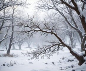 Snow-covered tree branches with a misty background, misty landscape, icy foliage