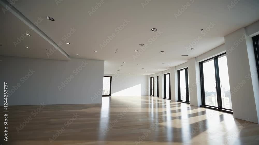 Poster sunlight streaming through expansive windows, illuminating pristine hardwood floors of spacious, min