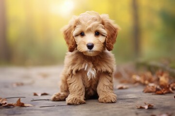 Fototapeta premium Adorable Mini Golden Doodle Puppy Poses for the Camera on Beautiful Background with Apricot and Caramel Coat