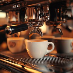Fototapeta premium close-up of the process of pouring coffee into two white cups from an espresso coffee machine