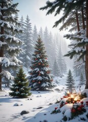 Fototapeta premium Snowy forest landscape with Christmas tree and decorations, ornaments, forest, winter wonderland