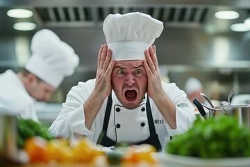 Stressed caucasian male chef in professional kitchen expressing frustration