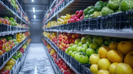 Frozen fruit storage warehouse aisle