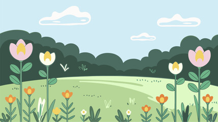 Obraz premium Flower Meadow Cartoon Vector Illustration