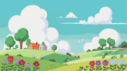 Cartoon Countryside Scene with Houses and Flowers