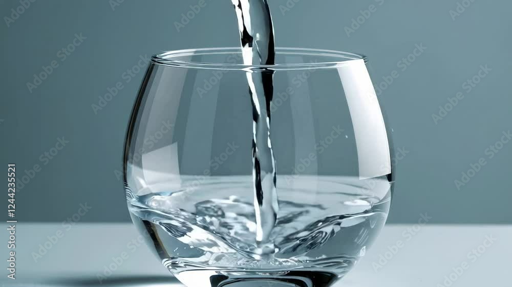 Poster pure water fills a rounded glass, creating mesmerizing ripples and bubbles in slow motion, isolated 