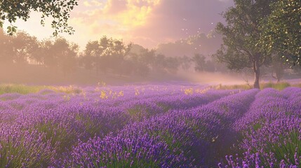 Naklejka premium Lavender fields under a golden sunset with gentle mist and lush scenery