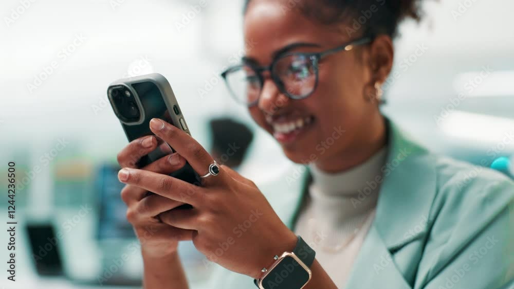 Poster Happy woman, web designer or typing with phone for UI, UX or app development at office. Female person, programmer or software developer with smile on mobile smartphone for online testing or AI design