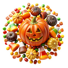 Smiling halloween jackolantern with colorful candies and sweets 3d fun red on transparent background