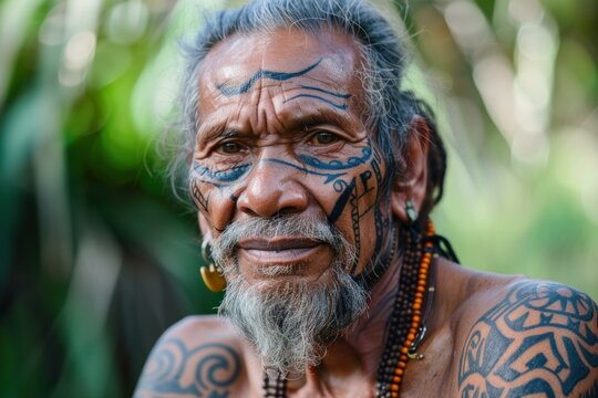 Portrait of an indigenous senior marquesan man with traditional tattoos and ear and neck ornaments