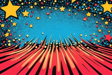 Vibrant comic-style background with stars and dynamic lines.