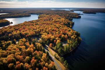 Obraz premium Autumnal Aerial View of Brainerd, Minnesota: Lakes, Trees, and Forests in Radiant Fall Colors with Sunlit Waters and Boats in the North