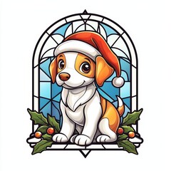 Naklejka premium Adorable Holiday Puppy in a Stained Glass Christmas Design