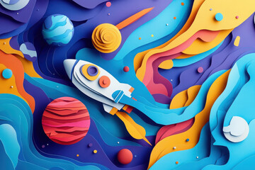 A colorful paper-cut style illustration of a rocket traveling through a vibrant cosmic landscape.