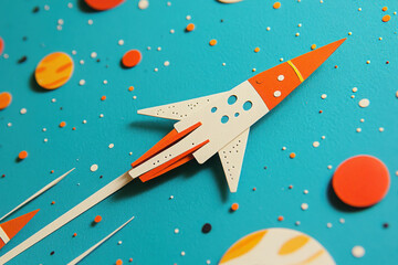 Naklejka premium A colorful rocket launching through a stylized space scene with planets and stars.