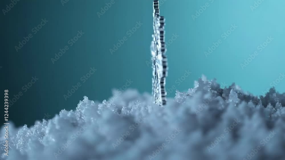 Poster delicate silver snowflake ornament spinning softly, creating mesmerizing reflections against deep te