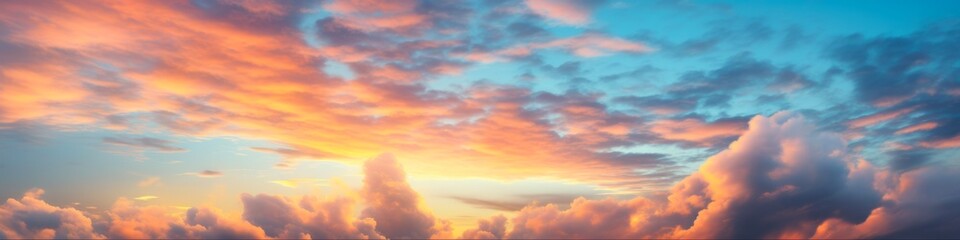 Fototapeta premium Beautiful Evening Sky Panorama with Dramatic Blue, White, and Orange Clouds showcasing the Colours of Dusk