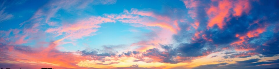 Fototapeta premium Beautiful Evening - Panoramic view of Dusk Sky with Dramatic Clouds in Blue, Bright and Colourful Orange Colours