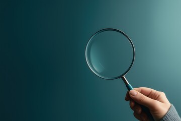 Hand holding magnifying glass on teal background