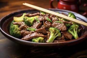 Fototapeta premium Beef with Broccoli: A Closeup of Delicious Chinese Stir Fry with Fried Fries and Green Broccoli. Asian Cookery with Chopsticks