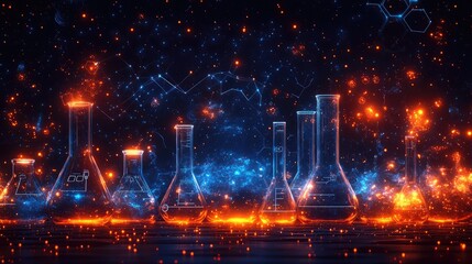 Fototapeta premium A vibrant digital representation of laboratory glassware amidst glowing particles.