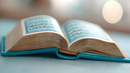 Open Quran on table, sunlit background, religious study
