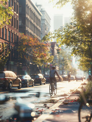 A cyclist rides down a sunlit urban street lined with trees and parked cars.
