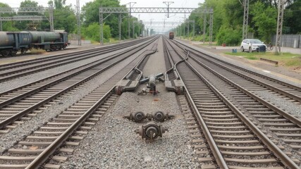 Fototapeta premium Railway track with switch and interchange in a train yard, transportation network, junction