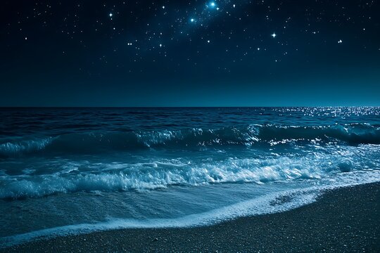 A quiet ocean shore at night with gentle waves glowing under the moonlight and stars shimmering above.