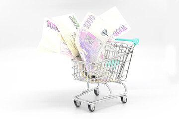 Money small shopping cart. Meal Planning budgeting. Savings on purchases. Shopping and financial saving concept.