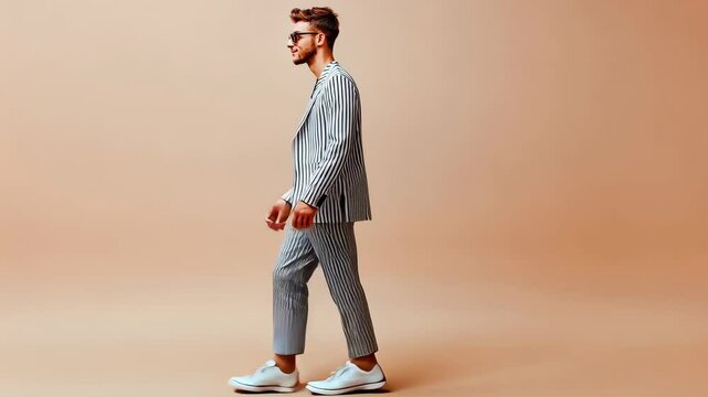 Stylish man walking in studio wearing trendy suit and sunglasses