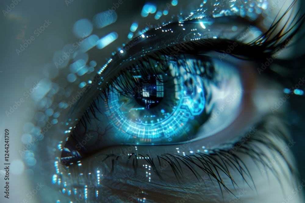 Wall mural close up of an eye with glowing digital interface, representing the integration of technology with h