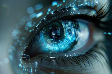 Close up of an eye with glowing digital interface, representing the integration of technology with human biology