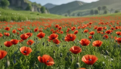 Fototapeta premium Red poppy flowers blooming in a lush green meadow , outdoor scene, blooming