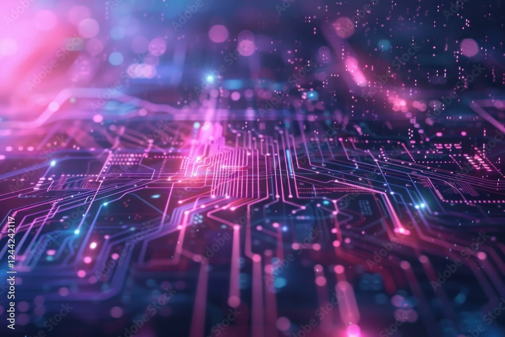 Wall mural complex electronic pathways illuminate a futuristic printed circuit board, symbolizing data flow and