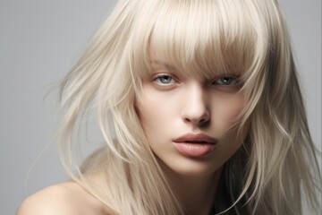 Naklejka premium Blonde Beauty with Perfect Bangs. Close-up of Model's Coiffure with Forelock. Hair Care Concept on Gray Background