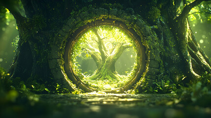 Mystical forest portal, ancient tree, sunlight, fantasy background, game design