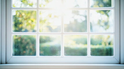 Fototapeta premium Abstract white window background with soft light diffusion and a defocused view of nature