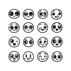 Black and white emoji faces, simple line drawings  kawaii style  vector
