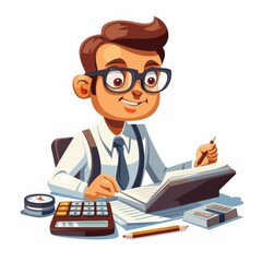 A man wearing glasses and a tie is sitting at a desk with a calculator