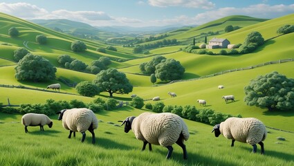 Obraz premium Picturesque green hills with sheep grazing peacefully in a tranquil countryside landscape during sunny weather