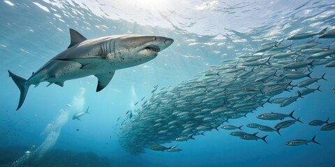 Fototapeta premium School of fish fleeing from a large megalodon shark, aquatic scenes, schooling behavior, fish migration patterns