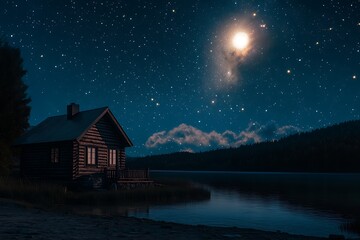 Fototapeta premium A remote cabin by a lake under the night sky, illuminated by a bright moon and glittering stars.