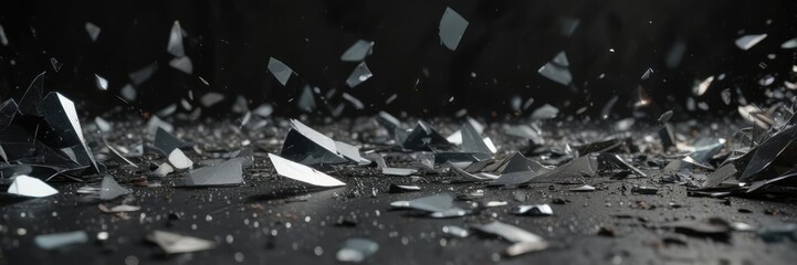 Naklejka premium Shattered glass and paint shards scatter across a dark background , creative destruction, abstract chaos, shattered glass