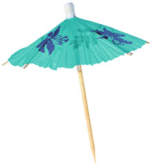 Green cocktail umbrella with floral design isolated on a white background. Decorative paper parasol for tropical drinks and party decor. © Octavio