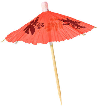 Red cocktail umbrella with Asian-inspired design isolated on transparent background. Classic paper parasol for tropical drinks, tiki bars, and summer parties.