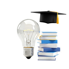 Education Concept with Light Bulb, Graduation Cap, and Books on Transparent Background
