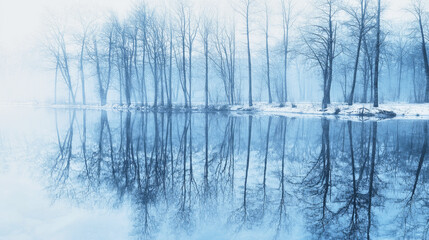 Deep blue lake reflects snow-covered trees at dusk in early spring