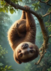 Obraz premium Sloth hanging upside down from a branch with its long curved claws secure, hang, upside down, branch