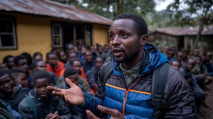 Fototapeta premium Male Volunteer Educator Addressing a Large Group of Students Outdoors in Rural Africa
